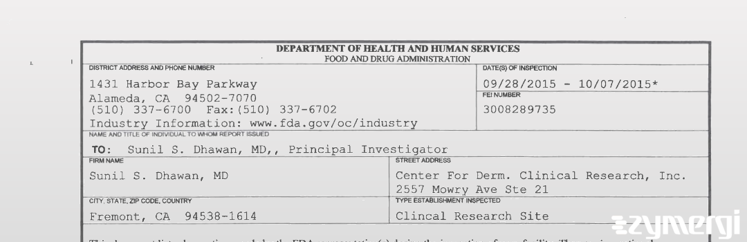 FDANews 483 Center For Dermatology Clinical Research Inc Oct 7 2015 top