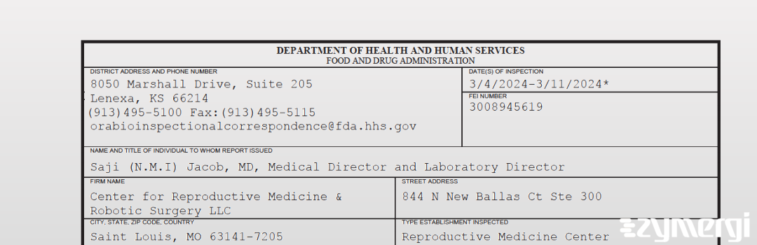 FDANews 483 Center for Reproductive Medicine & Robotic Surgery LLC Mar 11 2024 top