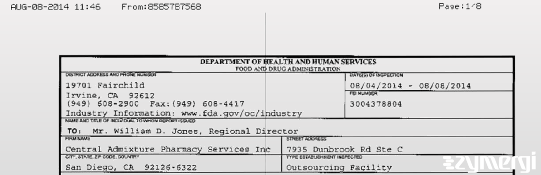 FDANews 483 Central Admixture Pharmacy Services Inc Aug 8 2014 top