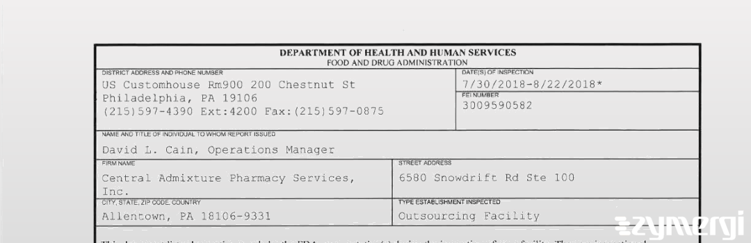 FDANews 483 Central Admixture Pharmacy Services Inc Aug 22 2018 top