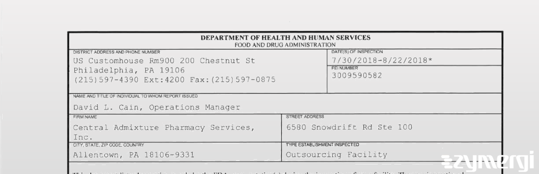 FDANews 483 Central Admixture Pharmacy Services Inc Aug 22 2018 top