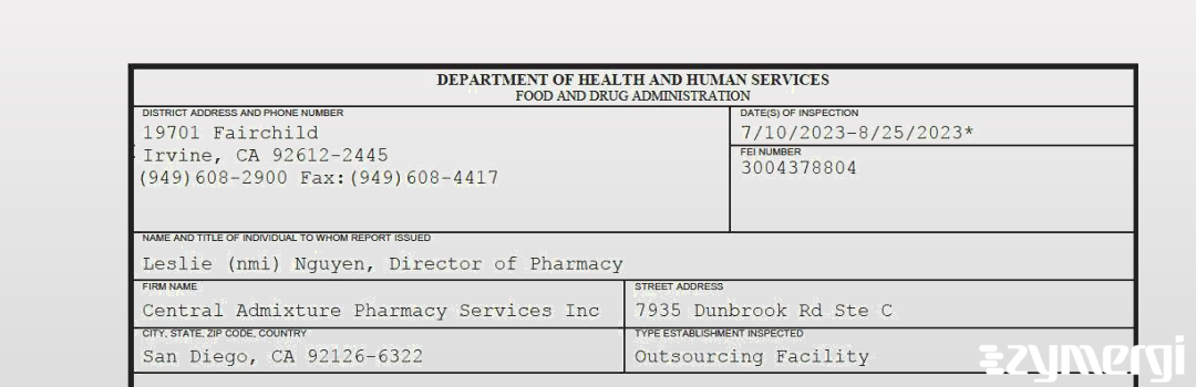 FDANews 483 Central Admixture Pharmacy Services Inc Aug 25 2023 top