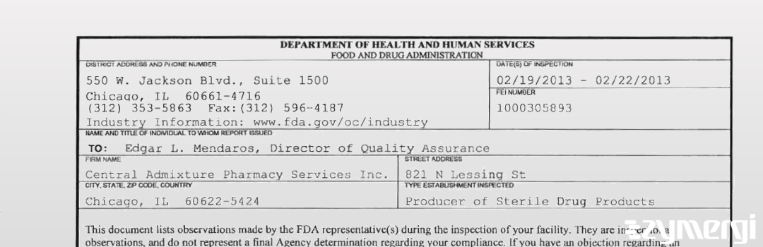 FDANews 483 Central Admixture Pharmacy Services Inc Feb 22 2013 top