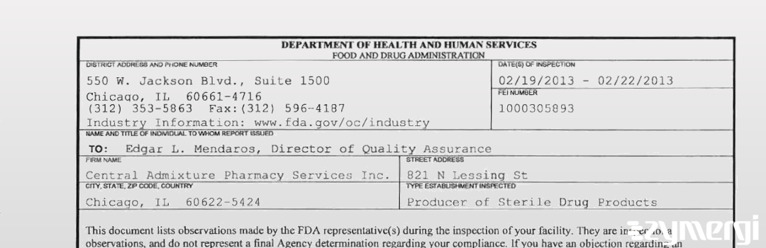 FDANews 483 Central Admixture Pharmacy Services Inc Feb 22 2013 top