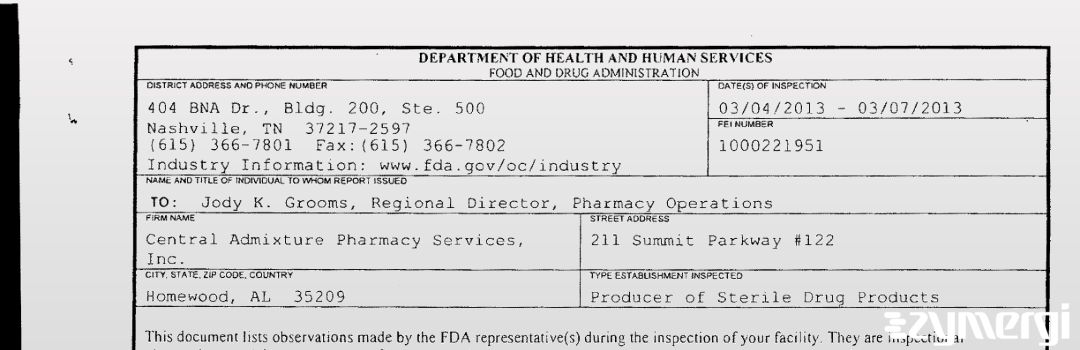 FDANews 483 Central Admixture Pharmacy Services Inc Mar 7 2013 top