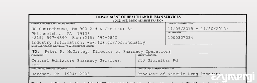 FDANews 483 Central Admixture Pharmacy Services Inc Nov 20 2015 top