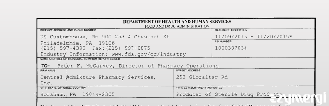 FDANews 483 Central Admixture Pharmacy Services Inc Nov 20 2015 top