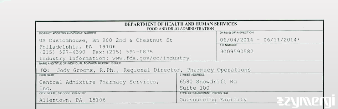 FDANews 483 Central Admixture Pharmacy Services Inc Jun 11 2014 top