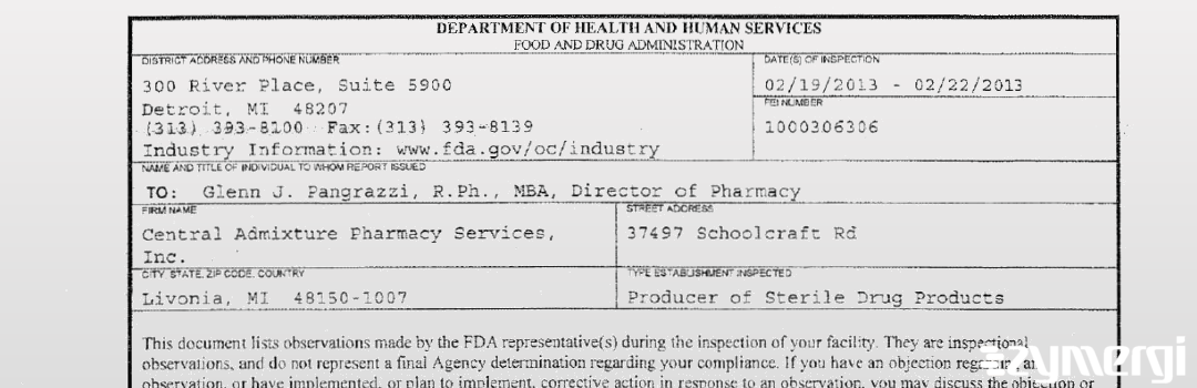 FDANews 483 Central Admixture Pharmacy Services Inc Feb 22 2013 top