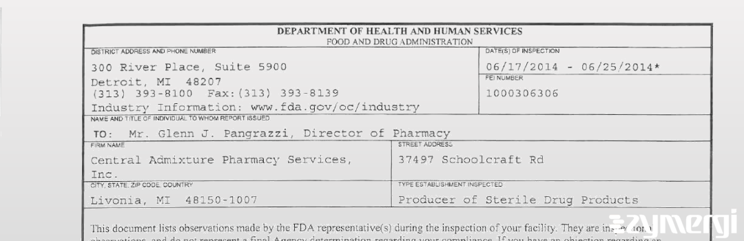 FDANews 483 Central Admixture Pharmacy Services Inc Jun 25 2014 top