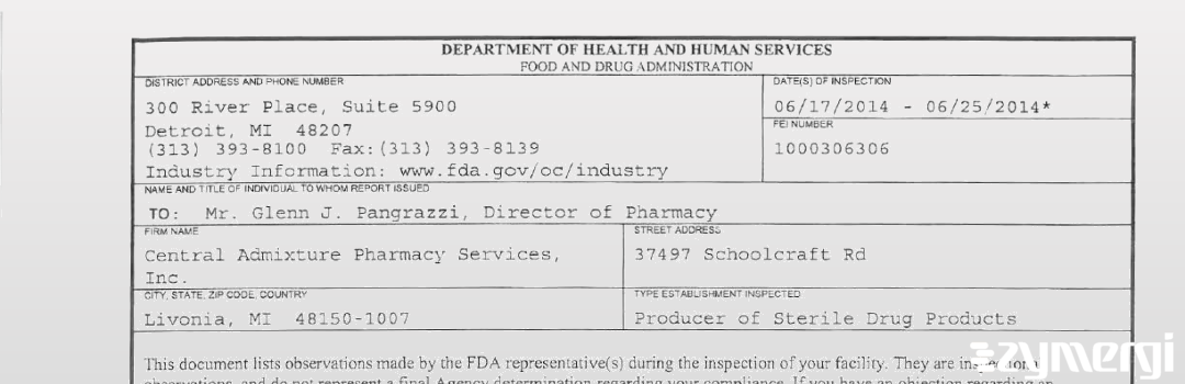 FDANews 483 Central Admixture Pharmacy Services Inc Jun 25 2014 top