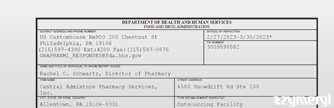FDANews 483 Central Admixture Pharmacy Services Inc Mar 30 2023 top