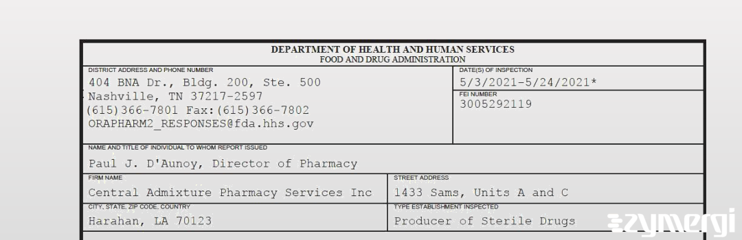 FDANews 483 Central Admixture Pharmacy Services Inc May 24 2021 top