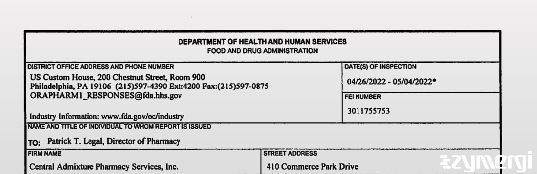 FDANews 483 Central Admixture Pharmacy Services Inc May 4 2022 top