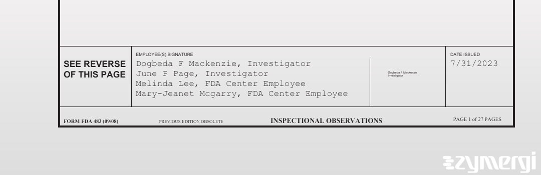 Dogbeda F. Mackenzie FDA Investigator June P. Page FDA Investigator Mary-Jeanet McGarry FDA Investigator Melinda Lee FDA Investigator