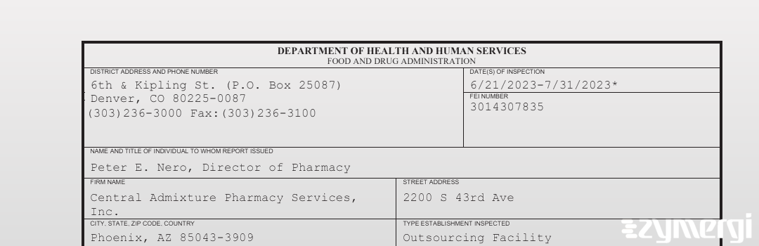 FDANews 483 Central Admixture Pharmacy Services Inc Jul 31 2023 top