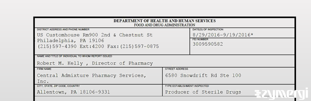 FDANews 483 Central Admixture Pharmacy Services Inc Sep 19 2016 top