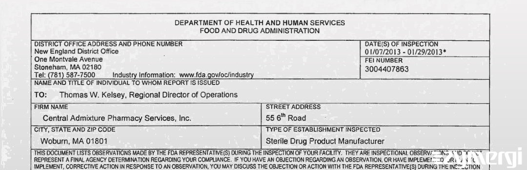 FDANews 483 Central Admixture Pharmacy Services Inc Jan 29 2013 top