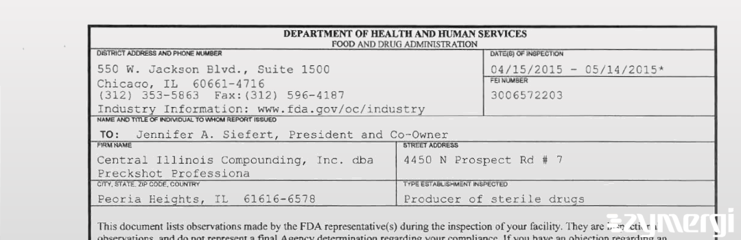 FDANews 483 Central Illinois Compounding, Inc. dba Preckshot Professiona May 14 2015 top