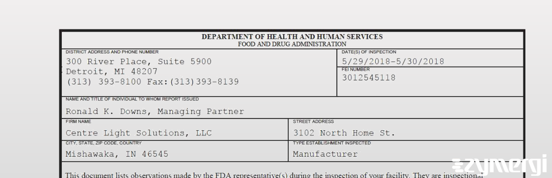 FDANews 483 Centre Light Solutions, LLC May 30 2018 top