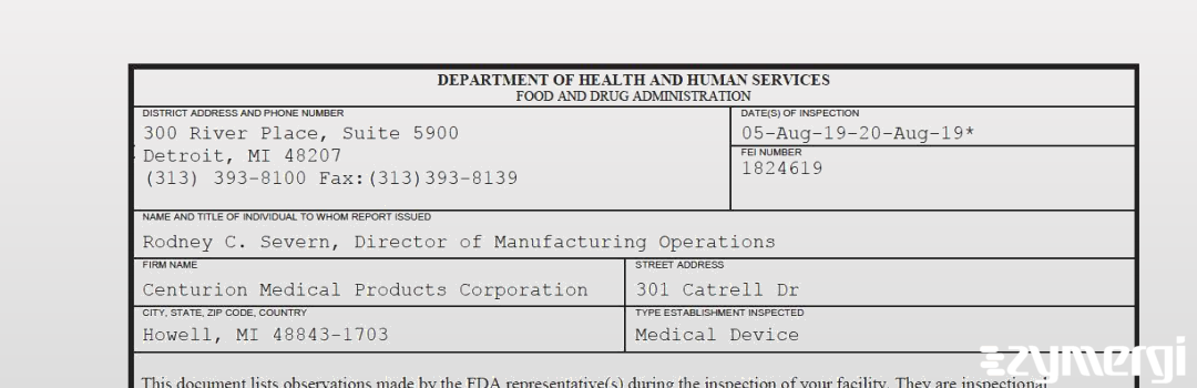 FDANews 483 Centurion Medical Products Corporation Aug 20 2019 top