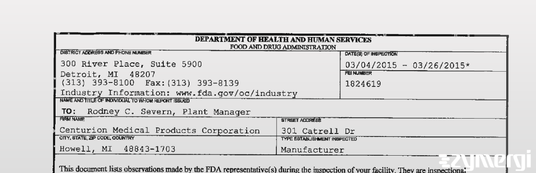 FDANews 483 Centurion Medical Products Corporation Mar 26 2015 top