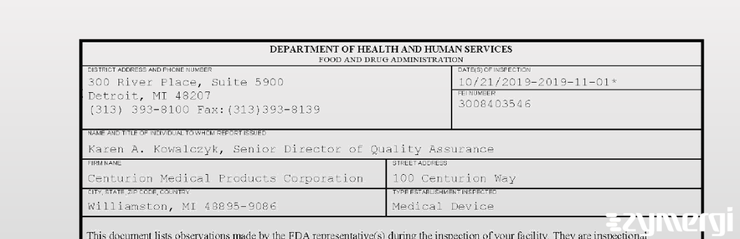 FDANews 483 Centurion Medical Products Corporation Nov 1 2019 top