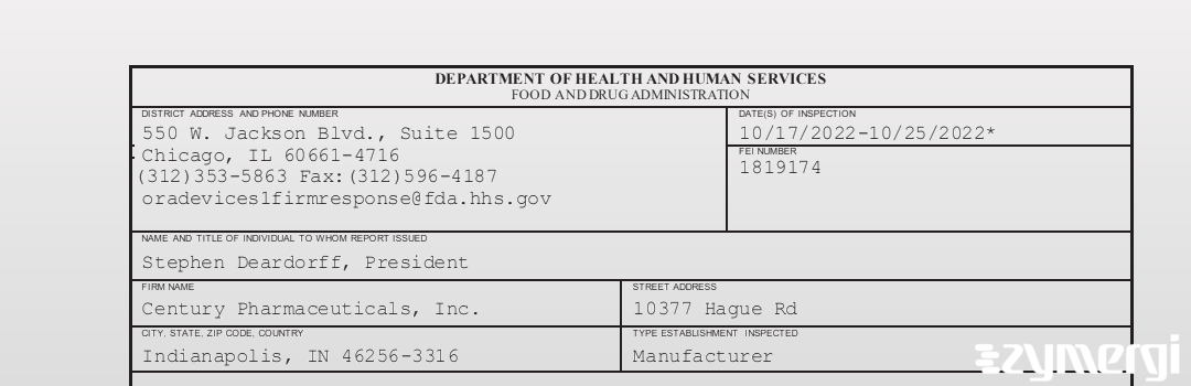 FDANews 483 Century Pharmaceuticals, Inc. Oct 25 2022 top