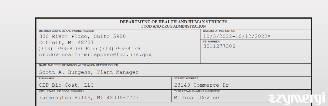 FDANews 483 CEP Bio-Coat, LLC Oct 12 2022 top