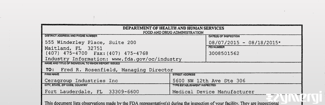 FDANews 483 Ceragroup Industries Inc Aug 18 2015 top