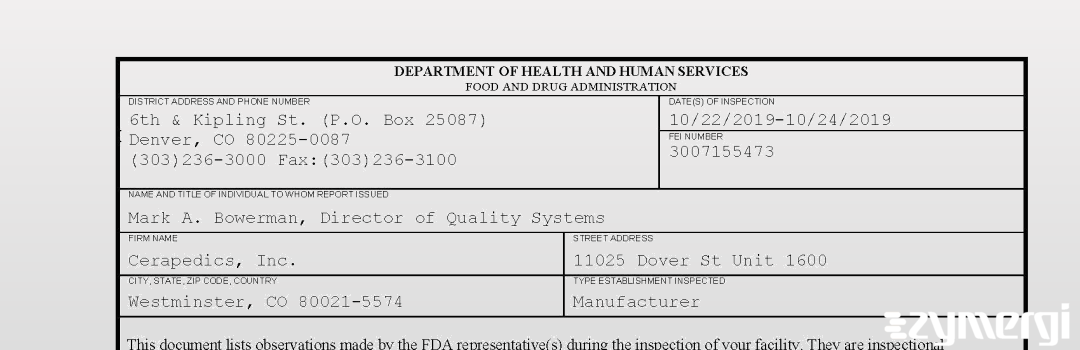 FDANews 483 Cerapedics, Inc. Oct 24 2019 top