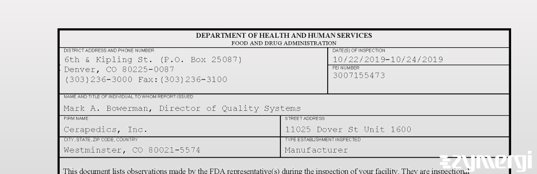 FDANews 483 Cerapedics, Inc. Oct 24 2019 top