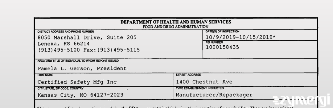 FDANews 483 Certified Safety Mfg Inc Oct 15 2019 top