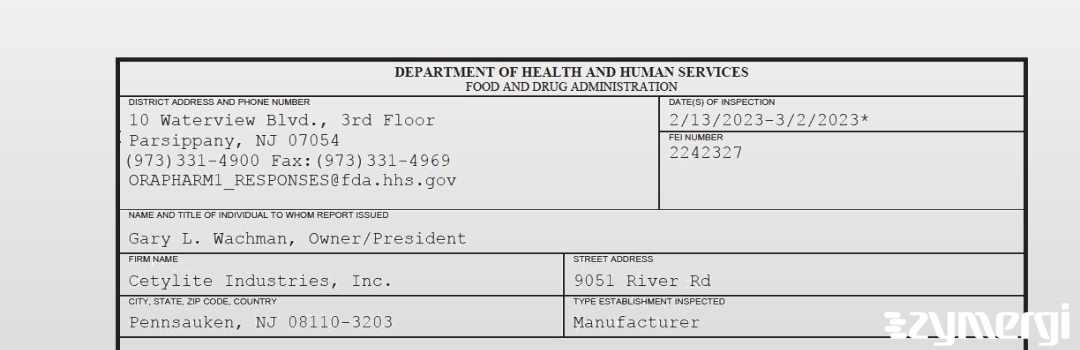 FDANews 483 Cetylite Industries, Inc. Mar 2 2023 top