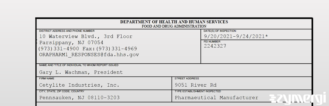 FDANews 483 Cetylite Industries, Inc. Sep 24 2021 top