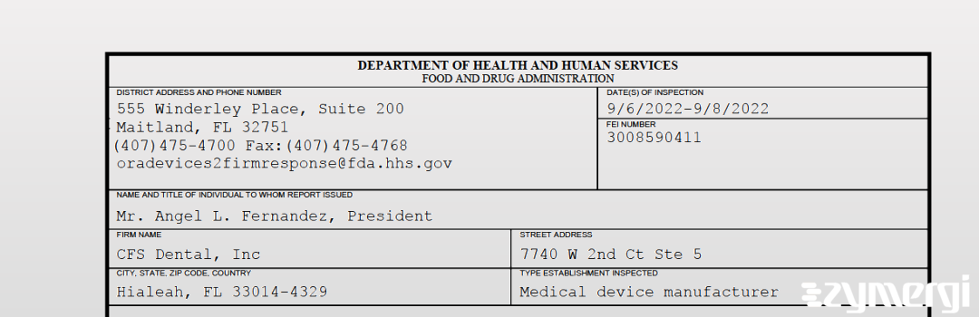 FDANews 483 CFS Dental, Inc Sep 8 2022 top