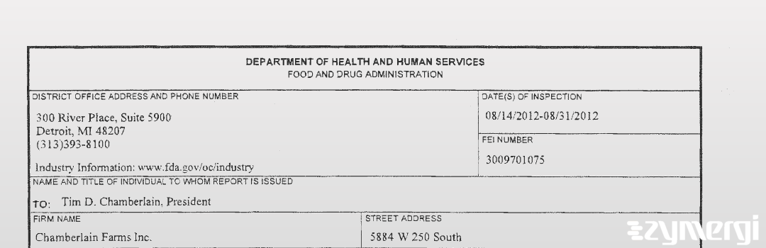 FDANews 483 Chamberlain Farms Inc. Aug 31 2012 top