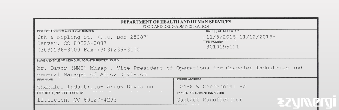 FDANews 483 Chandler Industries- Arrow Division Nov 12 2015 top