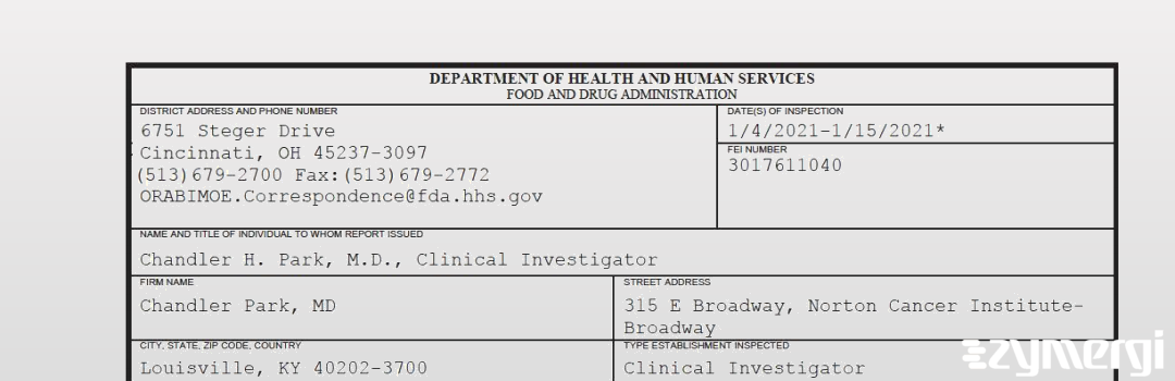 FDANews 483 Chandler H. Park, MD Jan 15 2021 top