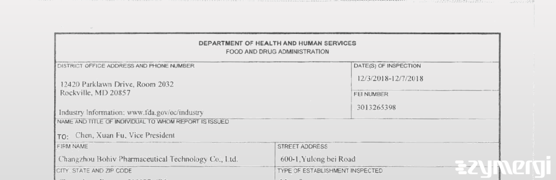 FDANews 483 Changzhou Bohiv Pharmaceutical Technology Co., Ltd. Dec 7 2018 top