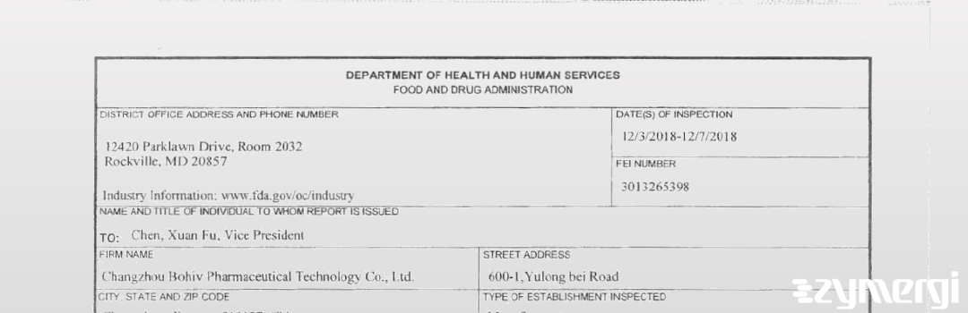 FDANews 483 Changzhou Bohiv Pharmaceutical Technology Co., Ltd. Dec 7 2018 top