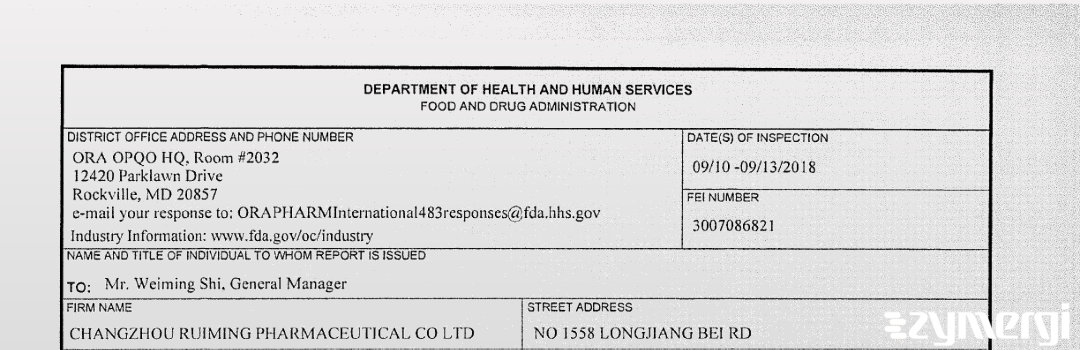 FDANews 483 Changzhou Ruiming Pharmaceuticals Co. Ltd. Sep 13 2018 top