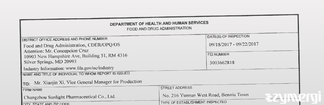 FDANews 483 Changzhou Sunlight Pharmaceutical Co., Ltd. Sep 22 2017 top