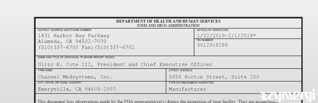 FDANews 483 Channel Medsystems, Inc. Feb 1 2019 top