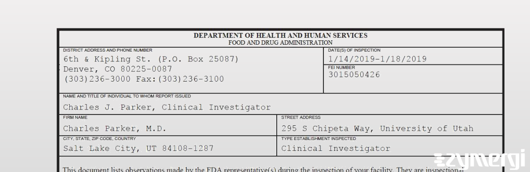 FDANews 483 Charles Parker, M.D. Jan 18 2019 top