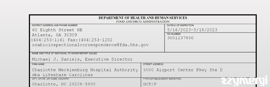 FDANews 483 Charlotte Mecklenburg Hospital Authority dba Lifeshare Carolinas May 18 2023 top