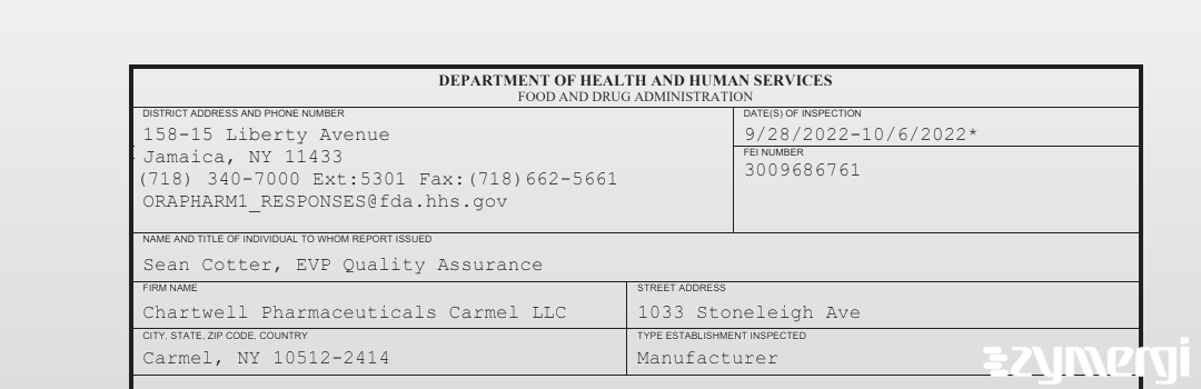 FDANews 483 Chartwell Pharmaceuticals Carmel LLC Oct 6 2022 top