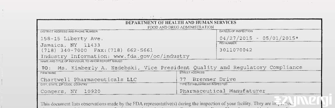 FDANews 483 Chartwell Pharmaceuticals May 1 2015 top