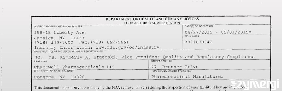FDANews 483 Chartwell Pharmaceuticals May 1 2015 top