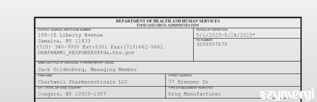 FDANews 483 Chartwell Pharmaceuticals LLC May 24 2023 top